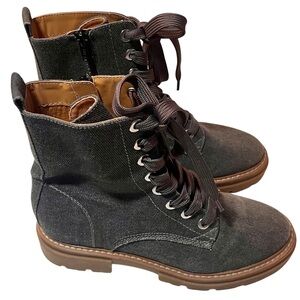 Sun + Stone Womens Ankle Boots Size 8M Gray Denim Heavy Canvas Side Zip Lug Sole